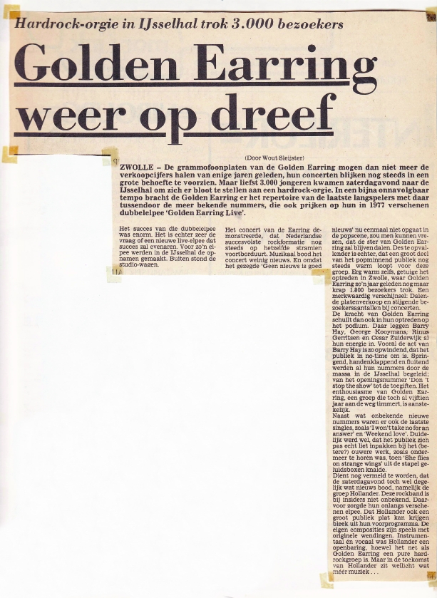 Golden Earring newspaper review Zwolle - IJsselhal concert December 20, 1980